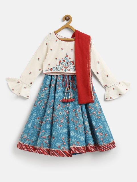 

Biba Girls Blue & Off-White Embroidered Ready to Wear Lehenga & Blouse with Dupatta