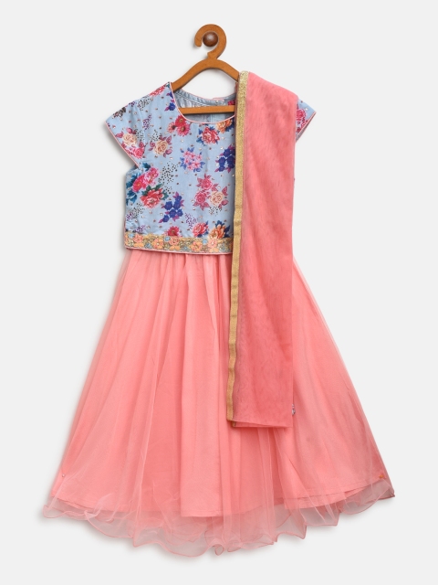 

Biba Girls Pink & Blue Printed Ready to Wear Lehenga & Blouse with Dupatta