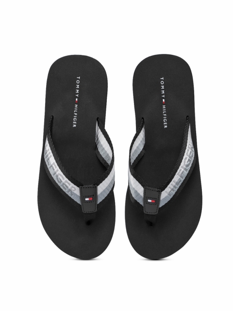 

Tommy Hilfiger Men Black & Silver-Toned Striped Thong Flip-Flops