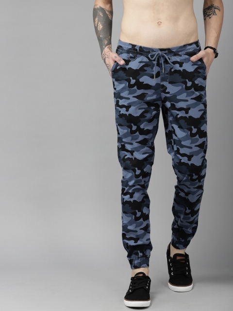 

Roadster Men Navy Blue & Black Regular Fit Camouflage Printed Joggers