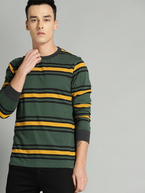 

Roadster Men Green & Mustard Yellow Striped Round Neck T-shirt