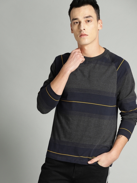 

Roadster Men Charcoal Grey & Navy Striped Round Neck T-shirt