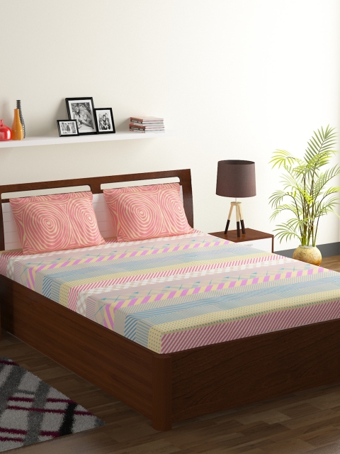 

BOMBAY DYEING Pink & Blue 120 TC Cotton Double King Bedsheet with 2 Pillow Covers