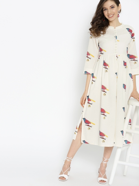 

HERE&NOW Women Off-White & Red Bird Printed A-Line Dress