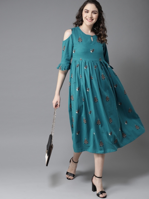 

HERE&NOW Women Teal Blue Cold Shoulder Peacock Printed A-Line Dress