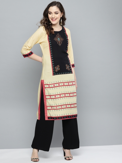 

HERE&NOW Women Cream-Coloured & Black Printed Straight Kurta