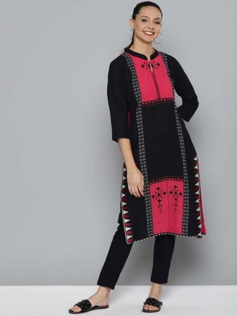 

HERE&NOW Women Black & Pink Printed Straight Kurta