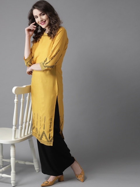 

HERE&NOW Women Mustard Yellow Solid Straight Kurta