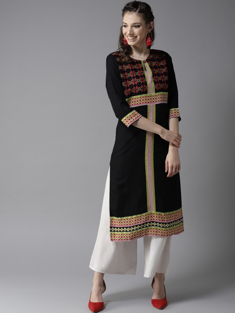 

HERE&NOW Women Black & Pink Printed Detail Straight Kurta