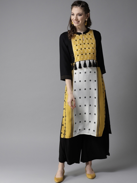 

HERE&NOW Women Mustard Yellow & Black Printed Straight Kurta