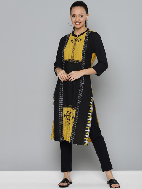

HERE&NOW Women Black & Yellow Printed Straight Kurta