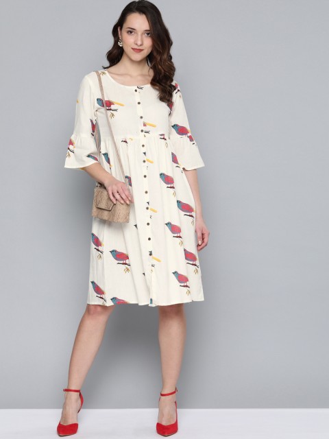 

HERE&NOW Women Cream-Coloured & Red Bird Printed A-Line Dress