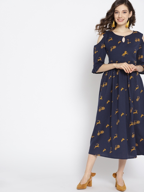

HERE&NOW Women Navy Blue & Mustard Yellow Quirky Printed A-Line Dress