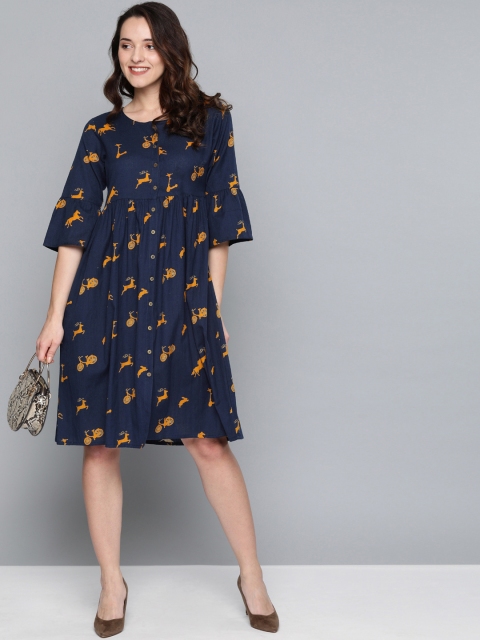 

HERE&NOW Women Printed Navy Blue & Mustard Yellow A-Line Dress