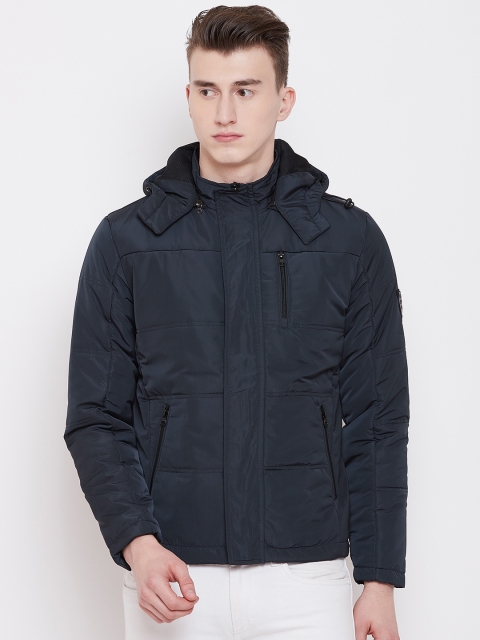 

Pierre Carlo Men Navy Blue Solid Padded Jacket with Detachable Hood