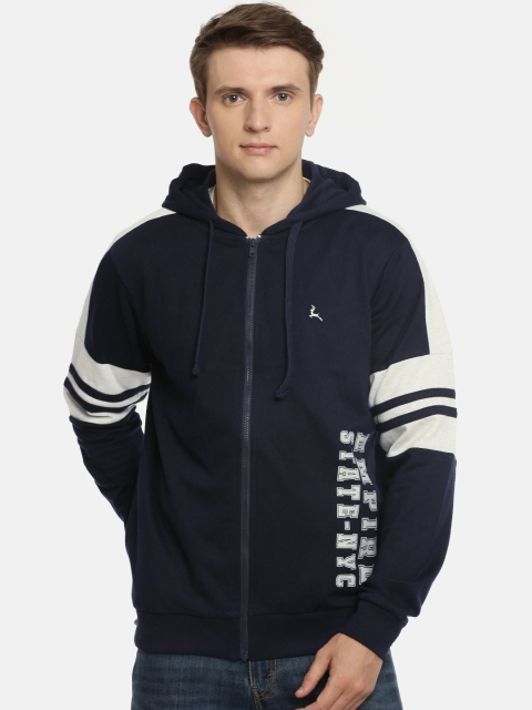

Parx Men Navy Blue Solid Hooded Sweatshirt with Colourblocked Sleeves