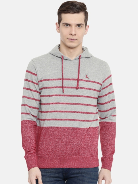 

Parx Men Grey Melange & Red Striped Hooded Sweatshirt