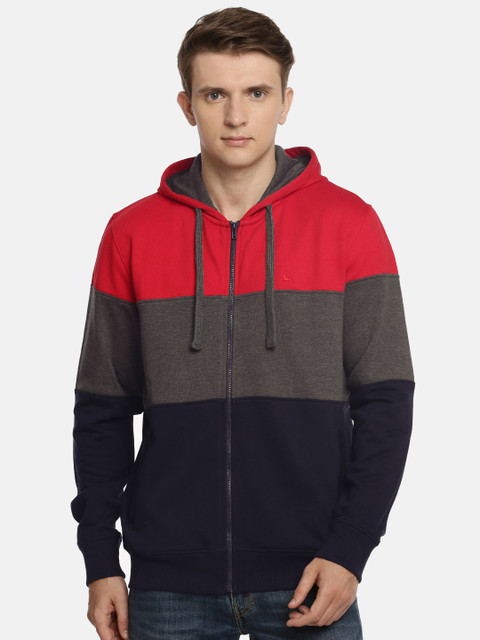 

Parx Men Navy Blue & Grey Colourblocked Hooded Sweatshirt