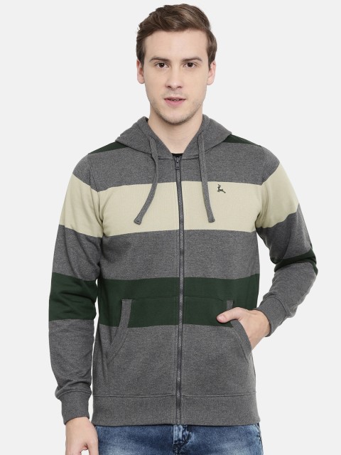 

Parx Men Charcoal Grey & Beige Striped Hooded Sweatshirt