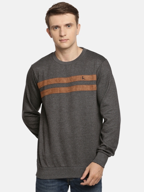 

Parx Men Charcoal Grey & Brown Striped Applique Detail Sweatshirt