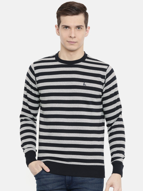

Parx Men Navy Blue & Grey Melange Striped Sweatshirt