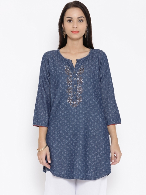 

BIBA OUTLET Denim Edition Navy Printed Kurta, Navy blue