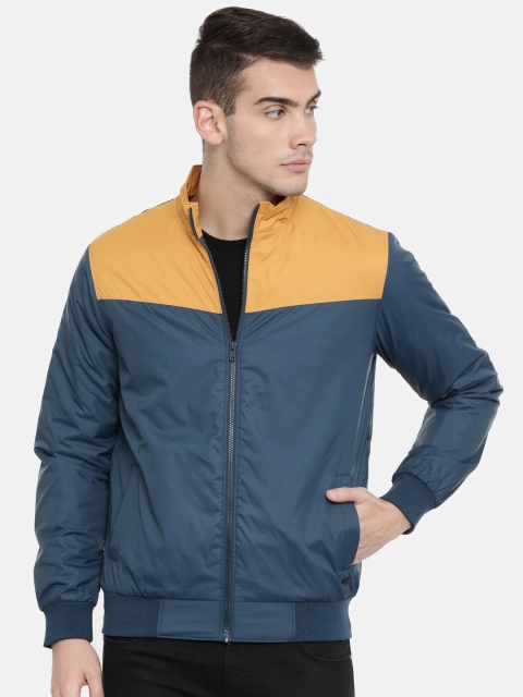 

Parx Men Teal Blue & mustard Yellow Colourblocked Bomber Jacket