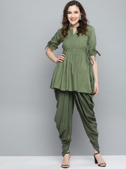 

HERE&NOW Women Olive Green & Black Solid Kurti with Dhoti Pants