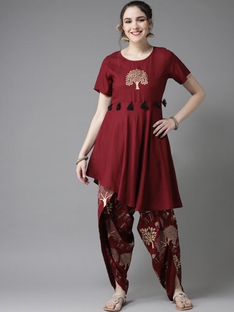 

HERE&NOW Women Maroon & Golden Solid Kurta with Dhoti Pants
