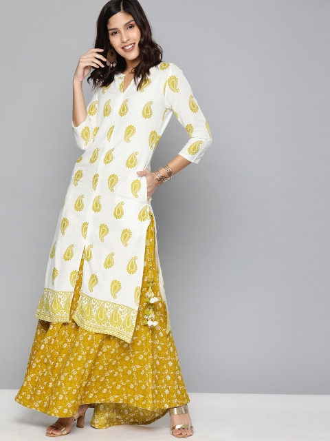 

HERE&NOW Women White & Olive Green Printed Kurta with Skirt