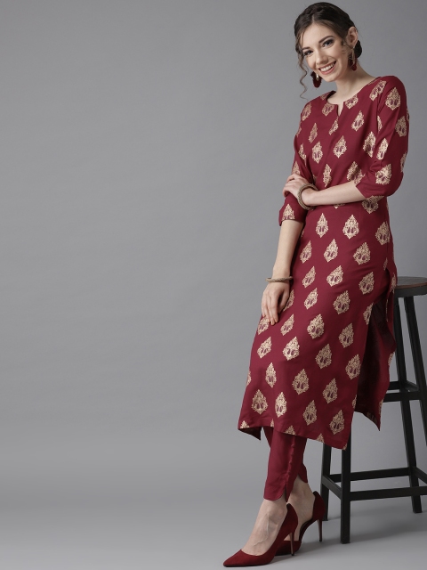 

HERE&NOW Women Maroon & Golden Printed Kurta with Trousers