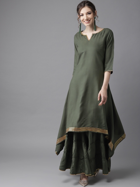 

HERE&NOW Women Olive Green Solid Asymmetric Kurta with Sharara