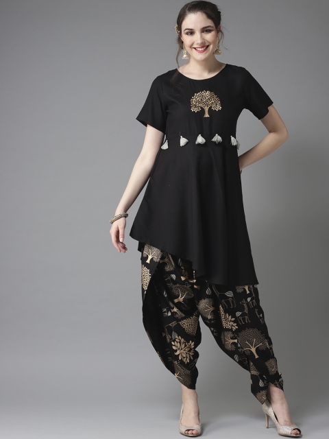 

HERE&NOW Women Black & Golden Solid Kurta with Dhoti Pants