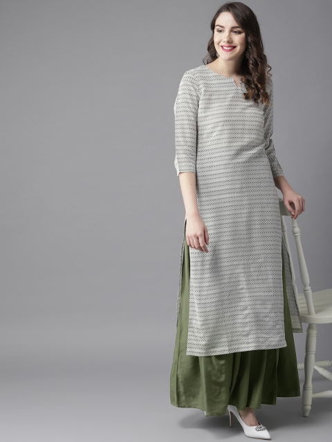 

HERE&NOW Women Chevron Print & Side Slits in Viscose Rayon Kurta with Skirt, White