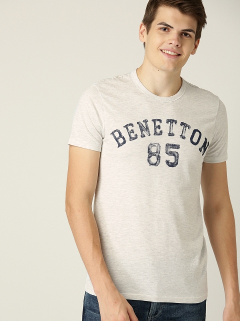 

United Colors of Benetton Men Grey Melange Printed Detail Round Neck T-shirt