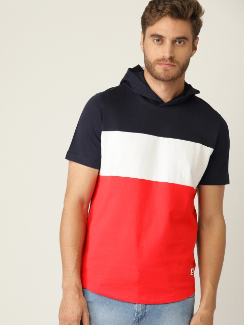 

United Colors of Benetton Men Navy Blue & Red Colourblocked Hooded T-shirt