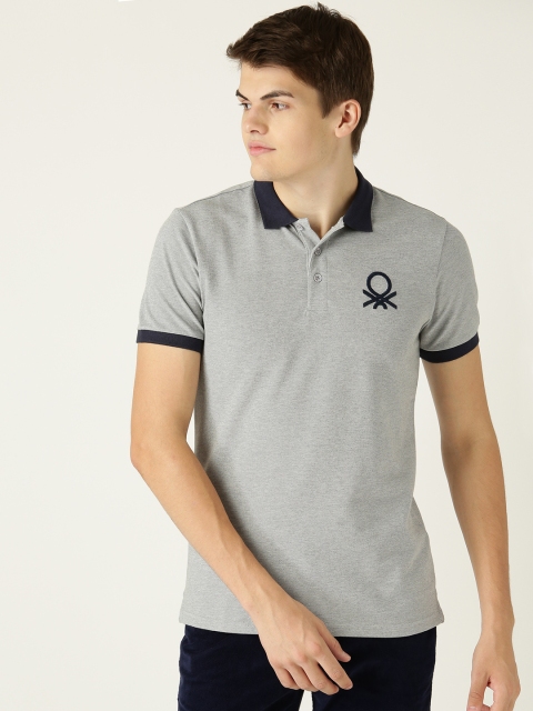 

United Colors of Benetton Men Grey Melange Solid Polo Collar T-shirt