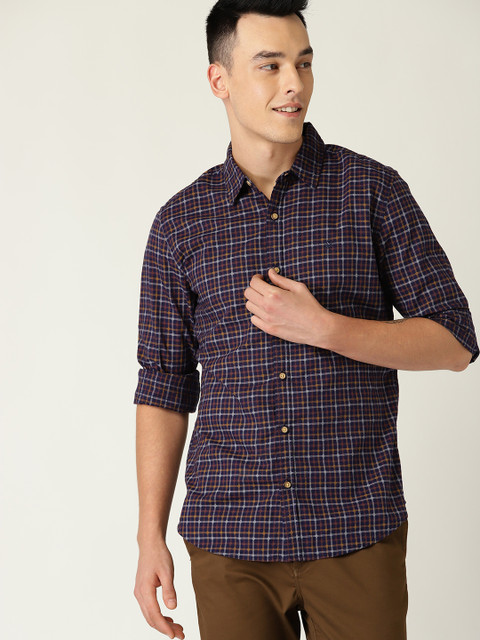 

United Colors of Benetton Men Purple & Mustard Yellow Dobby Slim Fit Checked Casual Shirt