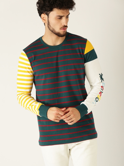 

United Colors of Benetton Men Green & Maroon Striped Round Neck T-shirt