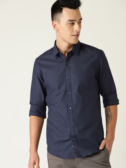 

United Colors of Benetton Men Navy Blue Slim Fit Self-Checked Casual Shirt