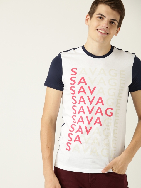 

United Colors of Benetton Men Off-White & Pink Printed Round Neck T-shirt