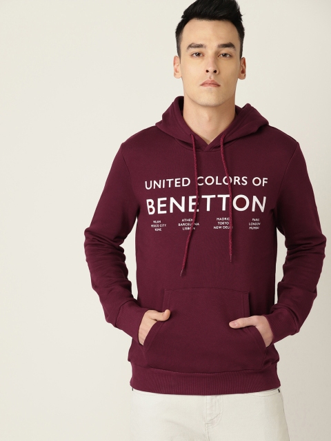

United Colors of Benetton Men Burgundy & White Printed Hooded Sweatshirt