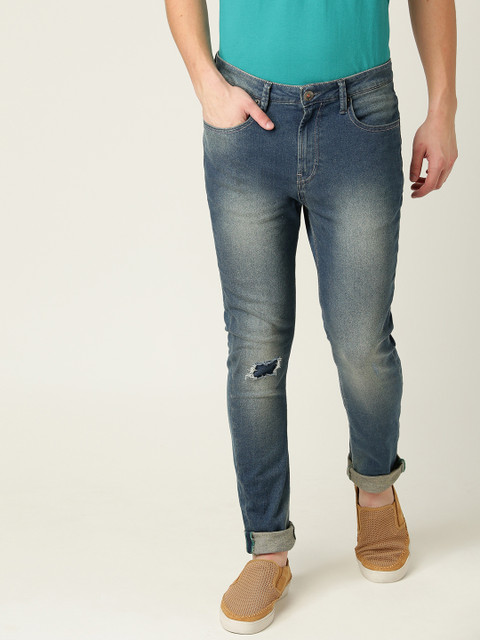 

United Colors of Benetton Men Blue Carrot Fit Mid-Rise Low Distress Stretchable Jeans
