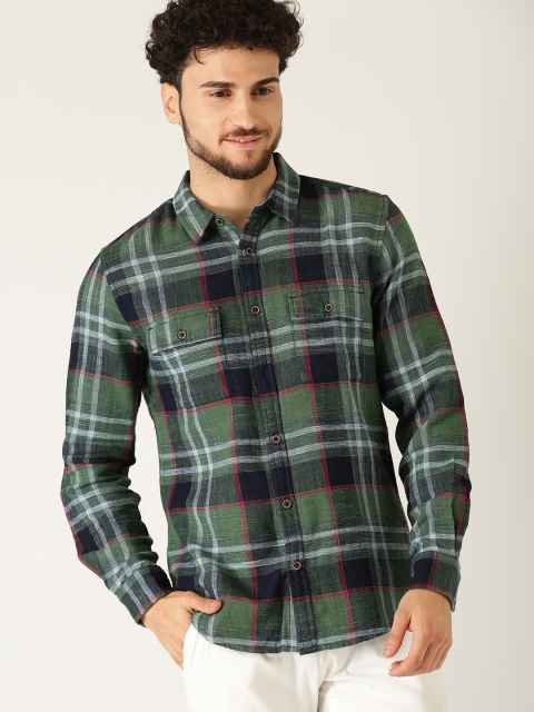 

United Colors of Benetton Men Green & Navy Blue Slim Fit Checked Casual Shirt