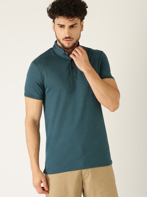 

United Colors of Benetton Men Navy Blue Solid Stand Collar T-shirt, Teal