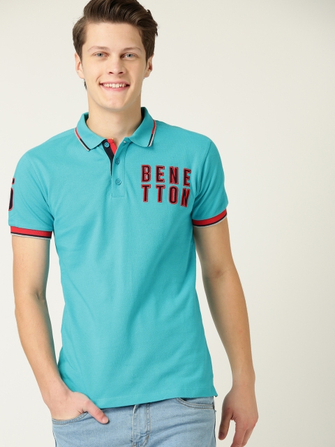 

United Colors of Benetton Men Turquoise Blue Solid Polo Collar T-shirt