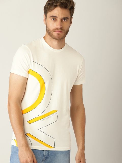 

United Colors of Benetton Men Off-White & Yellow Printed Round Neck T-shirt