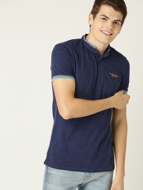 

United Colors of Benetton Men Navy Blue Solid Stand Collar T-shirt