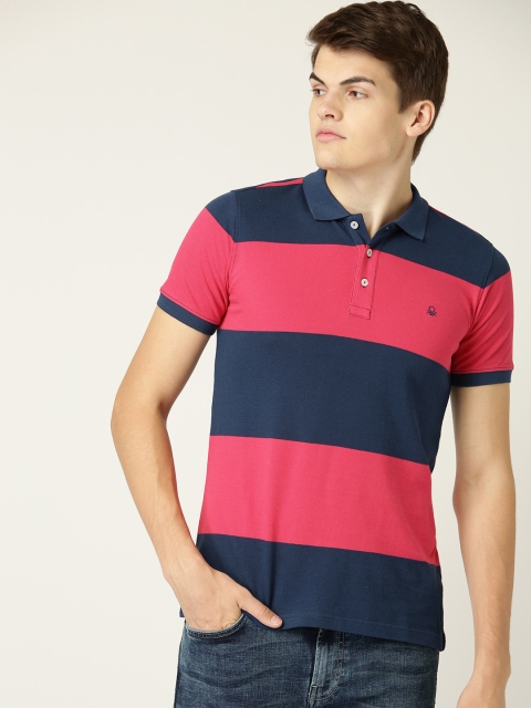 

United Colors of Benetton Men Teal Blue & Pink Striped Polo Collar T-shirt