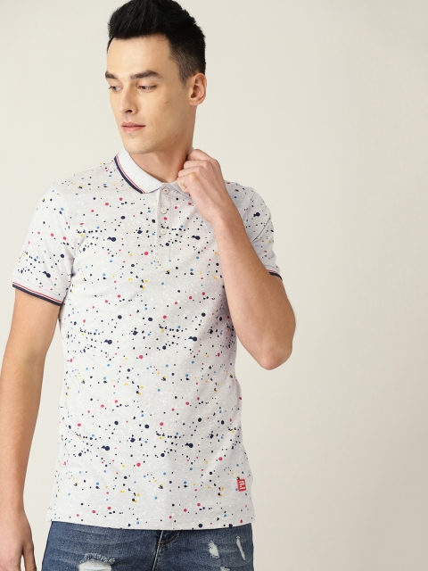

United Colors of Benetton Men Grey Melange & Navy Blue Printed Polo Collar T-shirt